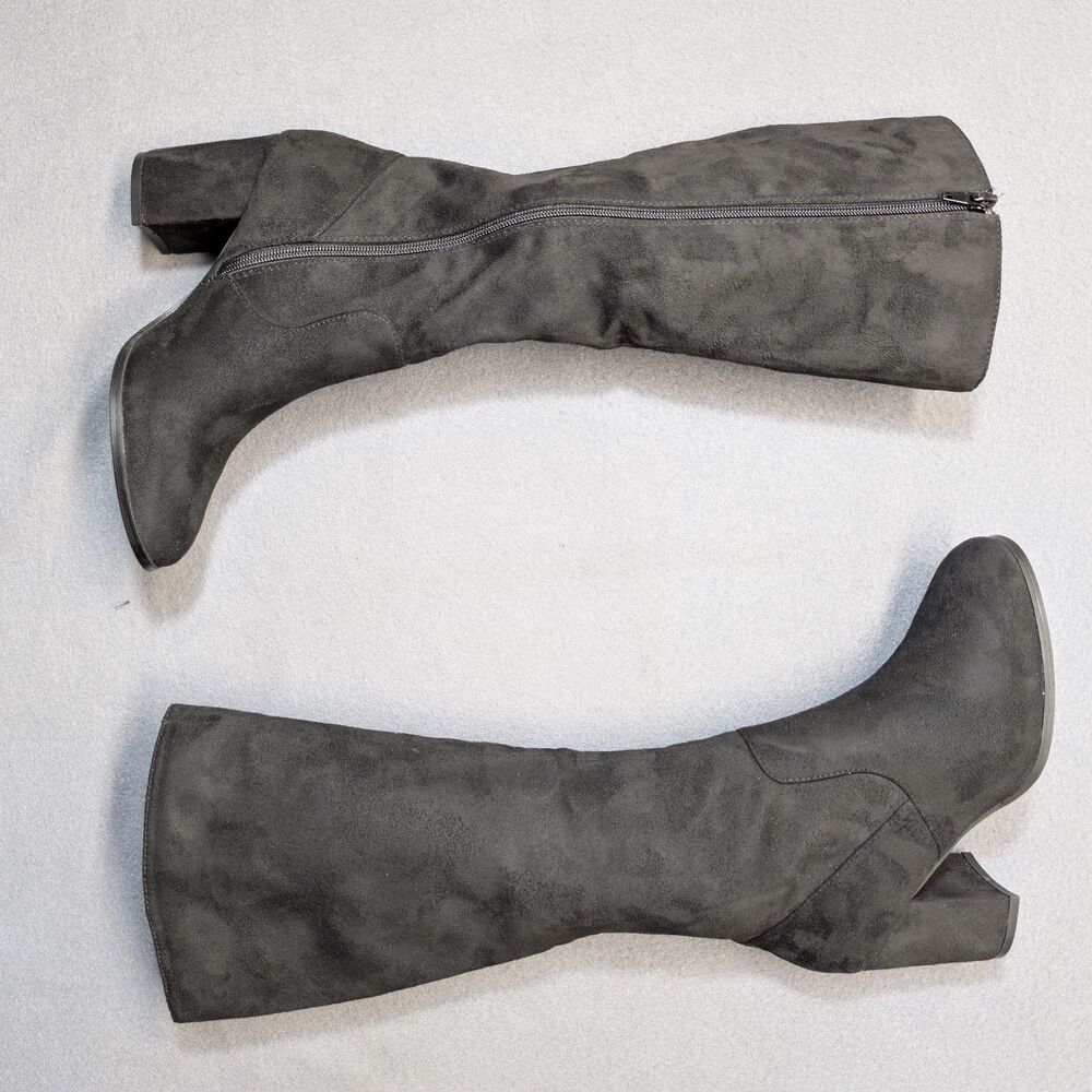 Allegra K Women Size 7 Black Faux Suede Knee High Boots Low Block Heel Side Zip
